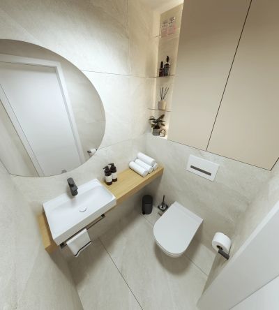 WC — vizualizace umyvadla s kulatým zrcadlem a dřevěnou odkládací deskou