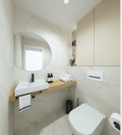 WC — vizualizace umyvadla s kulatým zrcadlem a toaletou